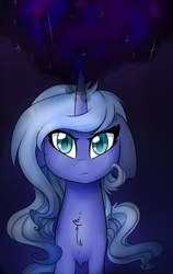 Size: 1200x1900 | Tagged: safe, artist:neonblaze909, nightmare moon, princess luna, g4, angry, female, filly, floppy ears, solo, transformation, woona, young