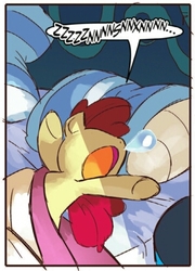 Size: 302x420 | Tagged: safe, artist:ben bates, idw, apple bloom, g4, micro-series #7, my little pony micro-series, spoiler:comic, bed, blanket, female, messy, nose in the air, open mouth, pillow, sleeping, snoring, snot bubble, solo