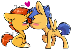 Size: 1024x710 | Tagged: safe, artist:korgikardigan, flash sentry, sunburst, pony, g4, blush sticker, blushing, boop, duo, eyes closed, gay, heart, male, noseboop, one leg raised, ship:flashburst, shipping, sitting, smiling, spread wings, wings