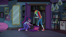 Size: 1280x720 | Tagged: safe, screencap, rainbow dash, sci-twi, spike, spike the regular dog, twilight sparkle, dog, equestria girls, g4, my little pony equestria girls: legend of everfree, barefoot, converse, feet, female, legend of everfeet, picture frame, ponytail, sci-twi's room, shoes