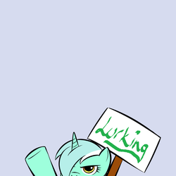 Size: 800x800 | Tagged: safe, artist:kloudmutt, lyra heartstrings, pony, unicorn, g4, female, gray background, lurking, reaction image, sign, simple background, solo