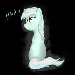 Size: 800x800 | Tagged: artist needed, safe, lyra heartstrings, pony, unicorn, g4, female, hmph, looking at you, nose wrinkle, rear view, sitting, solo, unamused