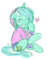 Size: 384x403 | Tagged: safe, artist:cj-archive, artist:missmagikarp, lyra heartstrings, pony, unicorn, g4, blushing, clothes, colored sketch, female, grin, heart, hoodie, mare, simple background, sitting, sketch, smiling, solo, white background