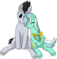 Size: 3004x3122 | Tagged: safe, artist:furor1, lucky clover, lyra heartstrings, earth pony, pony, unicorn, g4, cute, eyes closed, female, happy, high res, lyraclover, lyre, male, shipping, simple background, smiling, straight, transparent background, vector