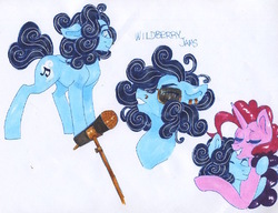 Size: 535x410 | Tagged: safe, artist:frozensoulpony, oc, oc only, oc:blueberry pie, hug, microphone, offspring, parent:party favor, parent:pinkie pie, parents:partypie, traditional art