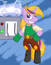 Size: 1077x1367 | Tagged: safe, artist:zanezandell, twilight sparkle, pony, unicorn, g4, agatha heterodyne, bipedal, boots, clothes, cosplay, costume, crossover, eletric, girl genius, glasses, gloves, hoof boots, machine, nightmare night, science, solo