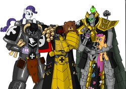 Size: 3435x2431 | Tagged: safe, artist:vangarshriek, rarity, scootaloo, human, necron, g4, alfa legion, armor, black library, black templars, crossover, pedobear, power armor, powered exoskeleton, space marine, trazyn the infinite, warhammer (game), warhammer 40k