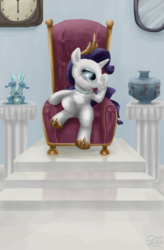 Size: 1800x2752 | Tagged: safe, artist:quintessantriver, rarity, pony, unicorn, g4, clock, crown, female, horn, jewelry, mirror, regalia, sapphire statue, solo, throne, vase