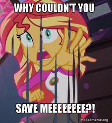 Size: 500x553 | Tagged: safe, edit, edited screencap, screencap, sunset shimmer, equestria girls, g4, my little pony equestria girls: legend of everfree, batman the animated series, bronybait, caption, clothes, cropped, dissolving, erasing, image macro, makeameme.org, meme, reaching, sad, shirt, shorts, t-shirt, two-face