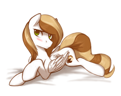 Size: 1900x1500 | Tagged: safe, artist:maccoffee, oc, oc only, oc:coffee cream, pegasus, pony, blushing, frown, looking at you, prone, solo, unamused
