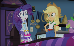 Size: 960x600 | Tagged: safe, screencap, applejack, rarity, spike, spike the regular dog, dog, equestria girls, g4, my little pony equestria girls: legend of everfree, fall formal outfits, twilight ball dress