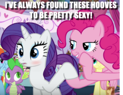 Size: 590x456 | Tagged: safe, edit, edited screencap, screencap, pinkie pie, rarity, spike, pony, g4, blushing, caption, female, flirting, hoof fetish, image macro, lesbian, mare, meme, raised hoof, rarity's fetish, ship:raripie, shipping