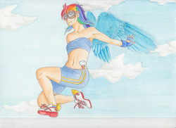 Size: 4677x3401 | Tagged: safe, artist:amaerise, rainbow dash, human, g4, armpits, belly button, female, goggles, humanized, sky, solo, traditional art, winged humanization