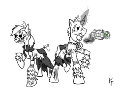 Size: 1024x777 | Tagged: safe, artist:krashface, ghoul, fallout equestria, children of the cloud, duo, faction logo, grayscale, monochrome, partial color, raised hoof, simple background, white background