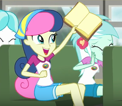 Size: 620x538 | Tagged: safe, screencap, bon bon, lyra heartstrings, sweetie drops, equestria girls, g4, my little pony equestria girls: legend of everfree, adorabon, book, cute, open mouth, sitting, smiling, solo focus