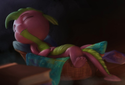 Size: 3148x2157 | Tagged: safe, artist:starblaze25, spike, g4, bed, book, eyes closed, high res, male, on back, sleeping, solo