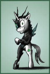 Size: 900x1314 | Tagged: safe, artist:kh0nan, oc, oc only, oc:tounicoon, changeling, hybrid, pony, abstract background, bipedal, changeling oc, looking at you, male, smiling, solo, standing up