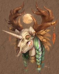 Size: 1771x2190 | Tagged: safe, artist:audrarius, part of a set, princess celestia, alicorn, deer, pony, g4, antlers, braid, brown background, bust, collar, ear piercing, earring, face paint, feather, female, helmet, horn, jewelry, neck rings, piercing, portrait, simple background, skull, skull helmet, solo, tribal