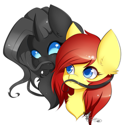 Size: 2557x2601 | Tagged: safe, artist:teranen, oc, oc only, oc:chrysanthemum rose, oc:savvy, changeling, pegasus, pony, changeling oc, colored pupils, duo, facial hair, female, high res, moustache