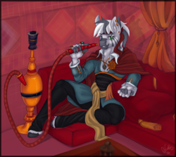 Size: 1280x1141 | Tagged: safe, artist:skuttz, oc, oc only, oc:zaheed, zebra, anthro, cloak, clothes, couch, doctor strange, dr.strange, ear piercing, handsome, headband, hookah, jewelry, looking at you, male, marvel, necklace, piercing, pillow, relaxed, relaxing, ring, sitting, smiling, solo, stallion
