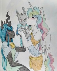 Size: 1374x1710 | Tagged: safe, artist:spark-theory, princess celestia, queen chrysalis, oc, oc:karner blue, hybrid, anthro, g4, baby, cheek kiss, clothes, female, interspecies offspring, kissing, lesbian, magical lesbian spawn, momlestia, offspring, parent:princess celestia, parent:queen chrysalis, parents:chryslestia, ship:chryslestia, shipping, simple background, traditional art