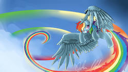 Size: 1920x1080 | Tagged: safe, artist:nerow94, rainbow dash, pony, g4, cloud, female, impossibly large wings, large wings, solo, sonic rainboom, wallpaper