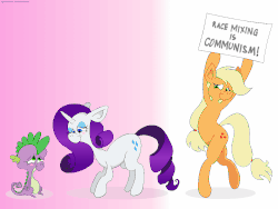 Size: 1000x750 | Tagged: safe, artist:hellarmy, applejack, rarity, spike, dragon, earth pony, pony, unicorn, g4, bipedal, communism, context is for the weak, female, gif, gradient background, hatless, hoof hold, looking at each other, male, mare, missing accessory, mouthpiece, ms paint, non-animated gif, out of character, racism, ship:sparity, shipping, sign, speciesism, straight