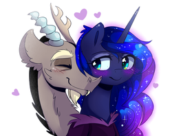 Size: 2280x1803 | Tagged: safe, artist:elementalokami, discord, princess luna, g4, blushing, female, heart, male, nuzzling, ship:lunacord, shipping, straight