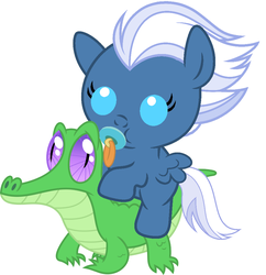 Size: 936x967 | Tagged: safe, artist:red4567, gummy, night glider, pegasus, pony, g4, baby, baby pony, cute, glideabetes, pacifier, ponies riding gators, riding, show accurate, weapons-grade cute