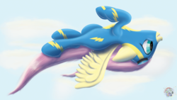 Size: 5000x2813 | Tagged: safe, artist:sloppyhooves, fluttershy, g4, clothes, female, flying, goggles, solo, upside down, wonderbolts uniform, wondershy