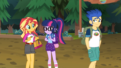 Size: 1916x1080 | Tagged: safe, screencap, flash sentry, sci-twi, sunset shimmer, twilight sparkle, equestria girls, g4, my little pony equestria girls: legend of everfree, awkward, ponytail