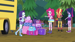 Size: 1280x720 | Tagged: safe, screencap, pinkie pie, rarity, sci-twi, sunset shimmer, twilight sparkle, equestria girls, g4, my little pony equestria girls: legend of everfree, bus, clothes, converse, luggage, ponytail, rarity being rarity, shoes, sneakers