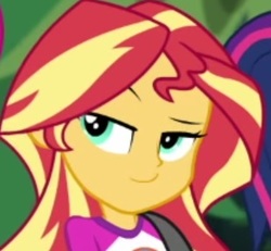 Size: 309x286 | Tagged: safe, screencap, sci-twi, sunset shimmer, twilight sparkle, equestria girls, g4, my little pony equestria girls: legend of everfree, offscreen character, smug, smugset shimmer