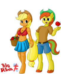 Size: 2700x3284 | Tagged: safe, artist:bigrinth, applejack, oc, oc:applejuice, earth pony, anthro, unguligrade anthro, g4, belly button, breasts, cleavage, duo, female, front knot midriff, high res, midriff