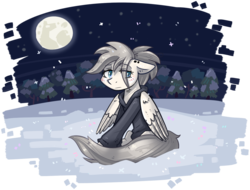 Size: 1439x1095 | Tagged: safe, artist:kyaokay, oc, oc only, pegasus, pony, alone, clothes, floppy ears, hoodie, moon, night, sad, simple background, sitting, snow, snowfall, transparent background, wings