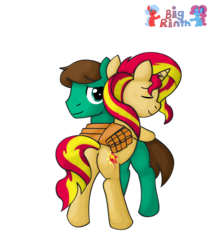 Size: 2543x3011 | Tagged: safe, artist:bigrinth, sunset shimmer, oc, pony, unicorn, g4, canon x oc, duo, female, high res, hug, male, shipping, straight