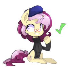 Size: 1073x1135 | Tagged: safe, artist:jankrys00, oc, oc only, oc:lannie lona, pony, beatnik, beret, check mark, clothes, glasses, sitting, solo, sweater, turtleneck