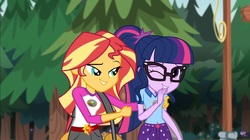 Size: 1281x719 | Tagged: safe, screencap, sci-twi, sunset shimmer, twilight sparkle, human, equestria girls, g4, my little pony equestria girls: legend of everfree, female, ponytail