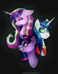 Size: 1024x1310 | Tagged: safe, artist:chloeprice228, princess cadance, shining armor, twilight sparkle, changeling, g4, fangs, floppy ears, gritted teeth
