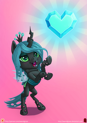 Size: 905x1280 | Tagged: safe, artist:wwredgrave, queen chrysalis, changeling, changeling queen, g4, antagonist, bipedal, blushing, chibi, crystal heart, cute, cutealis, female, filly, foal, rearing, simple background, solo