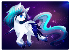 Size: 1024x739 | Tagged: safe, artist:chokico, oc, oc only, oc:stardream, pegasus, pony, colored pupils, colored wings, colored wingtips, cute, female, flying, lidded eyes, looking back, mare, open mouth, sky, solo, sparkles, spread wings, stars, wings