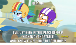 Size: 2000x1188 | Tagged: safe, edit, edited screencap, screencap, rainbow dash, scootaloo, g4, the cart before the ponies, caption, deja vu, image macro, initial d, meme, song reference