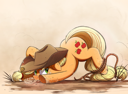 Size: 1601x1184 | Tagged: safe, artist:ncmares, applejack, earth pony, pony, g4, applejack's hat, cowboy hat, dirt, face down ass up, faceplant, female, hat, lasso, mare, mud, rope, snorting, solo, tied up