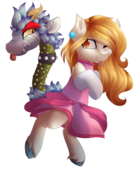 Size: 3127x4000 | Tagged: safe, artist:rue-willings, oc, oc only, oc:bovia, bowser, clothes, cosplay, costume, dress, male, princess peach, super mario bros.