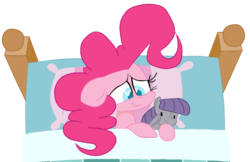 Size: 1600x1038 | Tagged: safe, artist:hattsy, maud pie, pinkie pie, g4, bed, female, plushie, solo