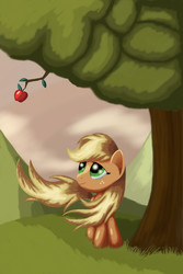 Size: 1200x1800 | Tagged: safe, artist:grennadder, applejack, earth pony, pony, g4, apple, female, food, loose hair, missing accessory, solo, tree, windswept mane