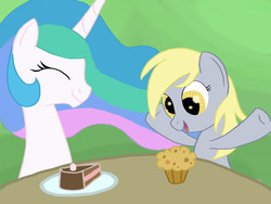 Size: 1333x1000 | Tagged: safe, artist:grennadder, derpy hooves, princess celestia, pegasus, pony, g4, cake, cakelestia, cute, duo, eyes closed, eyes on the prize, female, food, happy, mare, muffin, open mouth, smiling