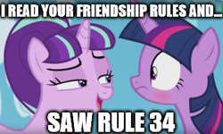 Size: 320x192 | Tagged: safe, starlight glimmer, twilight sparkle, alicorn, pony, g4, the cutie re-mark, image macro, meme, rules, starlight's secret, twilight sparkle (alicorn)