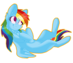 Size: 1024x888 | Tagged: safe, artist:cleiote, rainbow dash, g4, blushing, chest fluff, female, on back, simple background, smiling, solo, transparent background