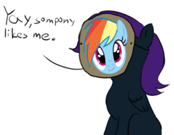 Size: 740x575 | Tagged: artist needed, source needed, safe, rainbow dash, oc, oc:nyx, alicorn, pony, g4, alicorn oc, dialogue, solo, spy mask, team fortress 2